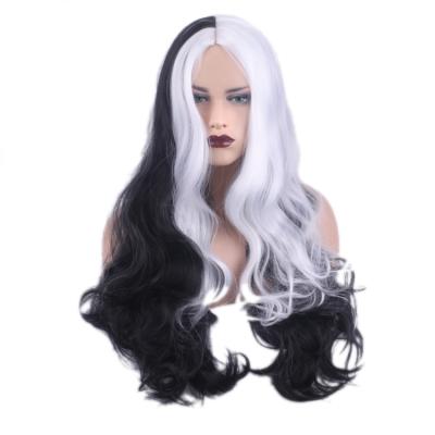 China European and American Black and White Mid Length Bangs and Long High Temperature COS Curly Hair Cosplay Hair Regular Wave Silk Wig for sale