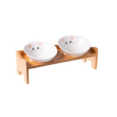 China Viable Ceramic Potted Bamboo Frame Cat Bowl Drinking Water Set Double Bowl Cat Pet Supplies Cat Table Beautiful for sale