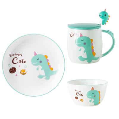 China Sustainable Kids Cartoon Little Dinosaur Ceramic Dinnerware Set for sale