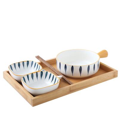 China Sustainable Japanese Style One Single Person Eating Single Handle Ceramic Bowl Hand Painted Tableware for sale