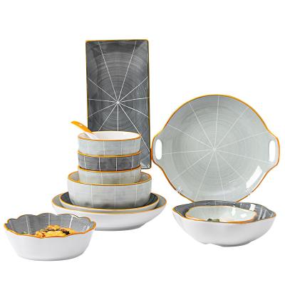 China Japanese Style Simple Design Ink Color Stocked Ceramic Bowl And Dish Set 19 Pieces In One Set for sale