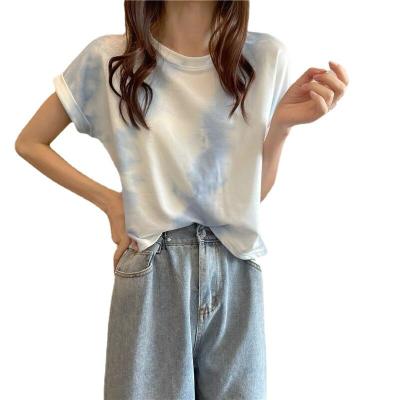 China Sustainable Tie Dyed Round Neck Short Sleeve Women's Korean Loose Thin Casual T-Shirt Summer Top for sale