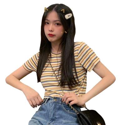 China Sustainable Korean Based Spring And Summer Shirt Striped Short Sleeved Slim And Supple Women's T-shirt Top for sale