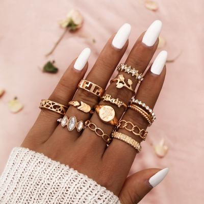 China 12pcs Casual/Sporty Set Gold Plated Link Chain Crystal Rose For Woman Flower Star Knuckle Ring Gold Plated Rings Boho for sale