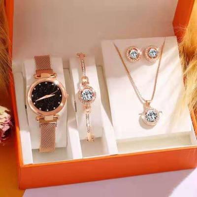 China 2022 New Luxury Alarm Women Watches Stud Earring Necklace Bracelet Set Ladies Watch Casual Quartz Wrist Watch Set for sale