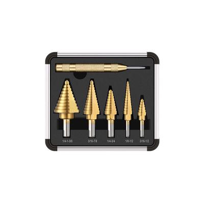 China 6pc Thin Iron Inch Triangle Shank Straight Flute Step Titanium Step Drill Bit Set For Metal Wood Drilling for sale