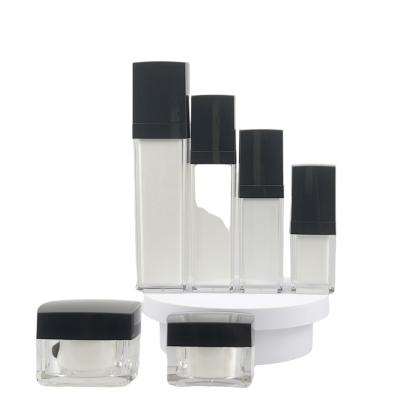 China Cosmetic Black Top Square Acrylic Lotion Bottles Cosmetic Jars And Lotion Bottles Set Plastic Cream Jar for sale