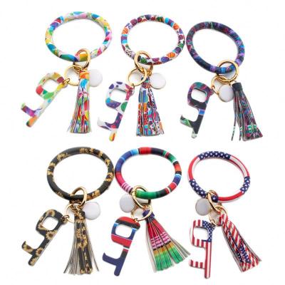 China Simulation Fashion No Touch Big PU O Shape Key Chain Anti Touch Acrylic Leather Artifact Open Door Key Chain For Woman for sale