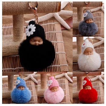 China Cute Polyester Baby - Doll Toy Drop Ship Sleep Baby Key Chains For Women Bag With Pom Pom Plush Faux Fur Keychains for sale