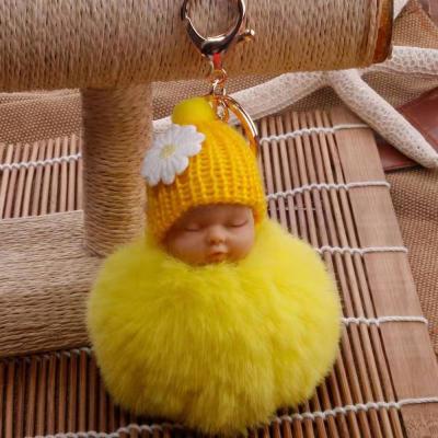 China Polyester Baby & Doll Toy DropshipCute Sleeping Baby Doll Key Chains For Women Bag Plush Toy Key Ring Fluffy Pom Faux Fur Keychains for sale