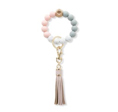 China Wholesale Souvenir Gifts Promotion Leather Tassel Bead Key Chain Bracelet Keychain Silicone Bead Wooden Bracelet for sale