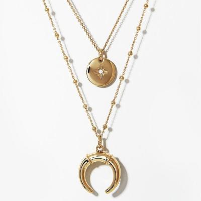 China Gold Sparkling Layered Necklace Set 45CM Zirconia Coin Horn Pendant Necklace for sale