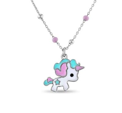 China Kids Enamel Unicorn Pendant Necklace 925 Sterling Silver White Gold Plated for sale