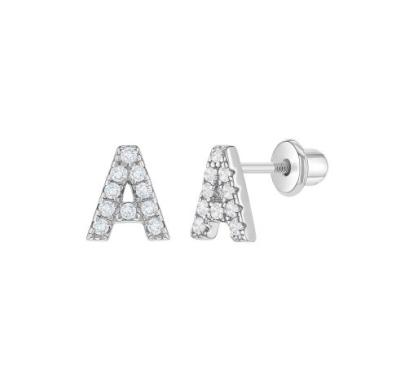 China White CZ Letter Stud Earrings Micron Pave Custom Letter Earrings for sale