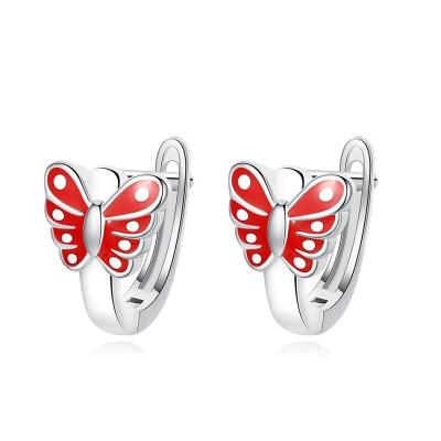 China Butterfly Red Enamel Childrens Sterling Silver Hoop Earrings White Gold Plated for sale