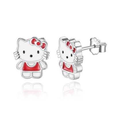 China Kitty Childrens Silver Stud Earrings Red White Black Enamel Jewelry In 925 Silver for sale