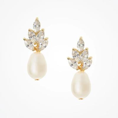 China 18K Gold Plated Leaf Bridal Earrings White Pearls Leaf Earrings Wedding for sale