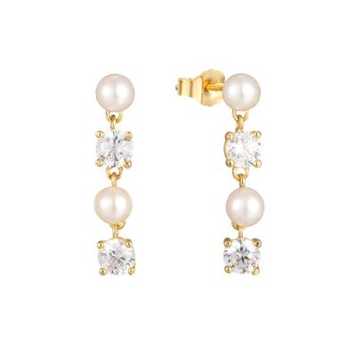 China White CZ Pearl Drop Chain Earrings For Sophisticated Ladies 925 Sterling Silver for sale