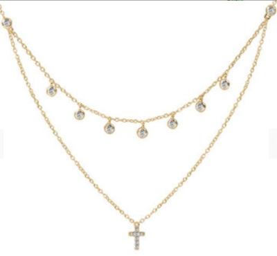 China Two Layer Bezel Set Diamond Cross Pendant Rhodium Gold Plated Chain Necklace for sale