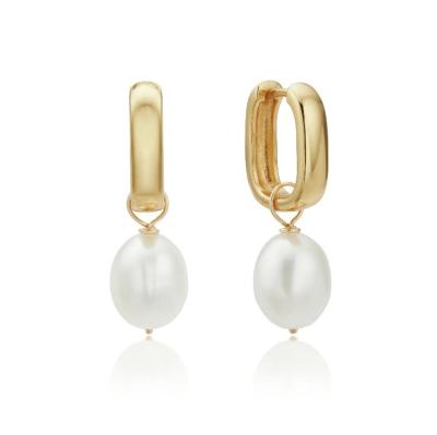 China S925 Silver Thick Squared Hoop Freshwater Pearl Drop Earrings OEM for sale