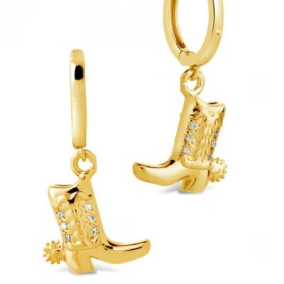 China Cowboy Boot Micro Delicate Brass Drop Earrings White CZ Stone Brass Dangle Earrings for sale