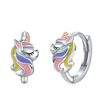 China Rhodium Plated Unicorn Colorful Enamel Huggies Earrings For Teens Fashion Jewelry for sale