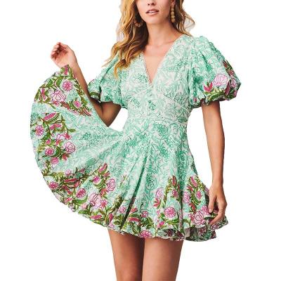 China Breathable Customized Floral V-Neck Long Sleeve Lantern Dress High Quality Empire Short Waist Womens Floral Formal Women Dress for sale