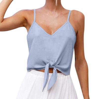 China Anti-Shrinkage Women Button Up Tie Front Tank Chiffon Crop Vest Shirt Blouse Tops Sleeveless Knot Tops for sale