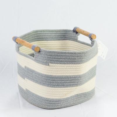 China Sustainable Cotton Rope Storage Basket With Wooden Handles Cotton Rope Storage Bag for sale