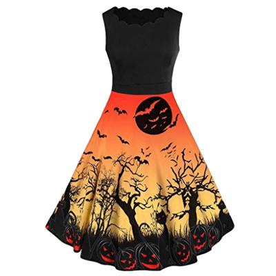 China Plus Size Pumpkin Bat Print Breathable Custom Swing Dress Ladies Sleeveless O-Neck A Line Lady Halloween Dresses Night Dresses For Woman for sale