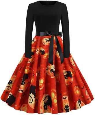 China Breathable Custom Long Sleeve Women Vintage Pumpkin Print Halloween Swing Dress Evening Prom Dress Plus Size Casual Women's Dresses for sale