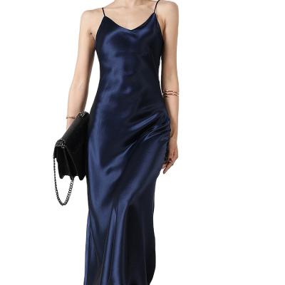 China OEM & ODM Breathable Simple Elegant Custom Made Solid Color Slip Long Mulbery 100% Pure Silk Elegant Midi Dress for sale