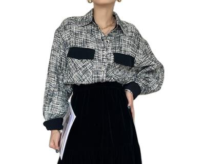 China Breathable Tweed Smocked Blouse Custom Shirt Women's Embroidered OEM ODM Blouses And Shirts for sale