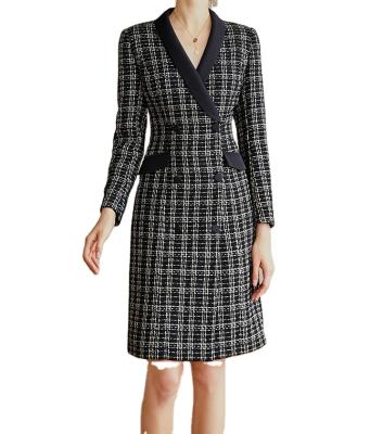 China OEM ODM Check V-Neck Tweed Blazer Dress Breathable Custom Midi Tweed Dress for sale