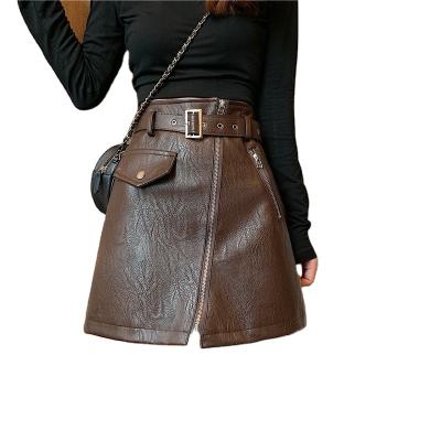 China Custom Female Dry Cleaning OEM ODM PU Short Skirts Mini A Line Slim PU Dress With Zipper And Belt for sale