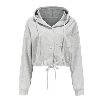 China Anti-wrinkle OEM ODM custom stretching cotton fitness women lightweight short gray hoodies with button for sale