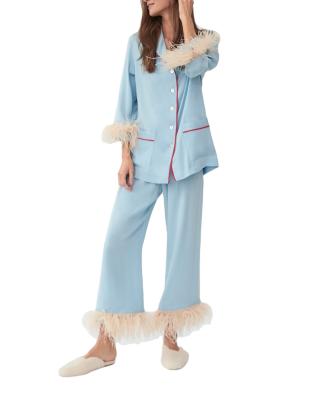 China OEM Fashion QUICK DRY Custom Ostrich Feathers Satin Cotton Pajamas Set Women Home Wear Girls Sleepwear Feather Pajamas For Women for sale