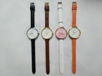 China Stainless Steel Quartz Watch With Flower Dial Design Genuine Leather Strap for sale