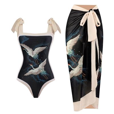 China Wholesale New Retro Antibacterial Chiffon Bathing Suit Hot Spring Conservative One-Piece Swimsuit Set Female for sale