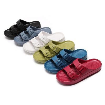 China Cushioning Adjustable Slip On Slippers Summer Eva Double Buckle Women Slides Flat Slippers For Women Open Toe Family Bathroom Sandal for sale