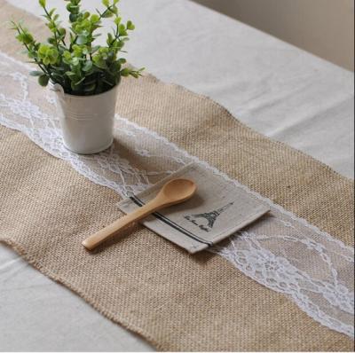 China Hotsale luxury home wedding embroidered burlap dining table runner with lace burlap for sale