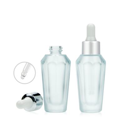 China 1oz 30ml Cosmetic Recyclable Thick Bottom Single Clear Frosted Glass Rubber Dropper Bottle Serum Container For Essential Oil for sale