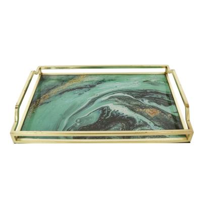 China European Custom Design Table Decoration Gold Metal Green Glass Serving Tray With Handles for sale