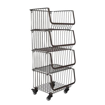 China Convenience Viable Rolling Price Wire Stackable Basket Fruit Vegetable Organizer Produce Metal Storage Rack For Shop Fruit Rack Display for sale