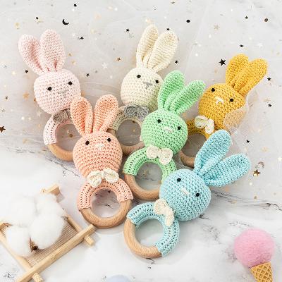 China Toy Wholesales Eco Friendly Rabbit Wooden Teether Ring Crochet Baby Care Teether Bracelets Soft Wooden Baby Toys Large for sale