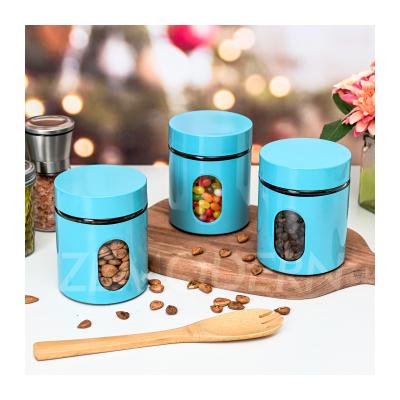 China Steamable 3 Piece Canister Set For Kitchen Stainless Steel Canister Glass Jar With Lid Glass Window Storage Food Container for sale