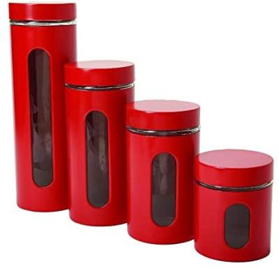 China Sustainable Quality Modern Red Stainless Steel Canister Set For Kitchen Counter With Glass Window And Airtight Lid for sale