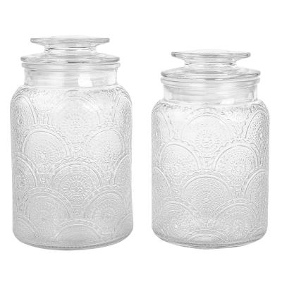 China Cover 1 L / 1.3 L Airtight Embossed Designs Glass Food Storage Canister - Food Storage Canister - Storage Glass Jar for sale