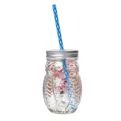 China Sustainable 16 oz Owl Shaped Mason Jar Mugs with Plastic Straw and Tin Lid - Cold Beverage Drinking Glasses for sale