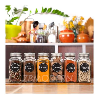 China Viable Herb and Spice Tools Glass Spice Jars Bottles 4oz Empty with Spice Labels Shaker Lids Airtight Metal Lid for sale